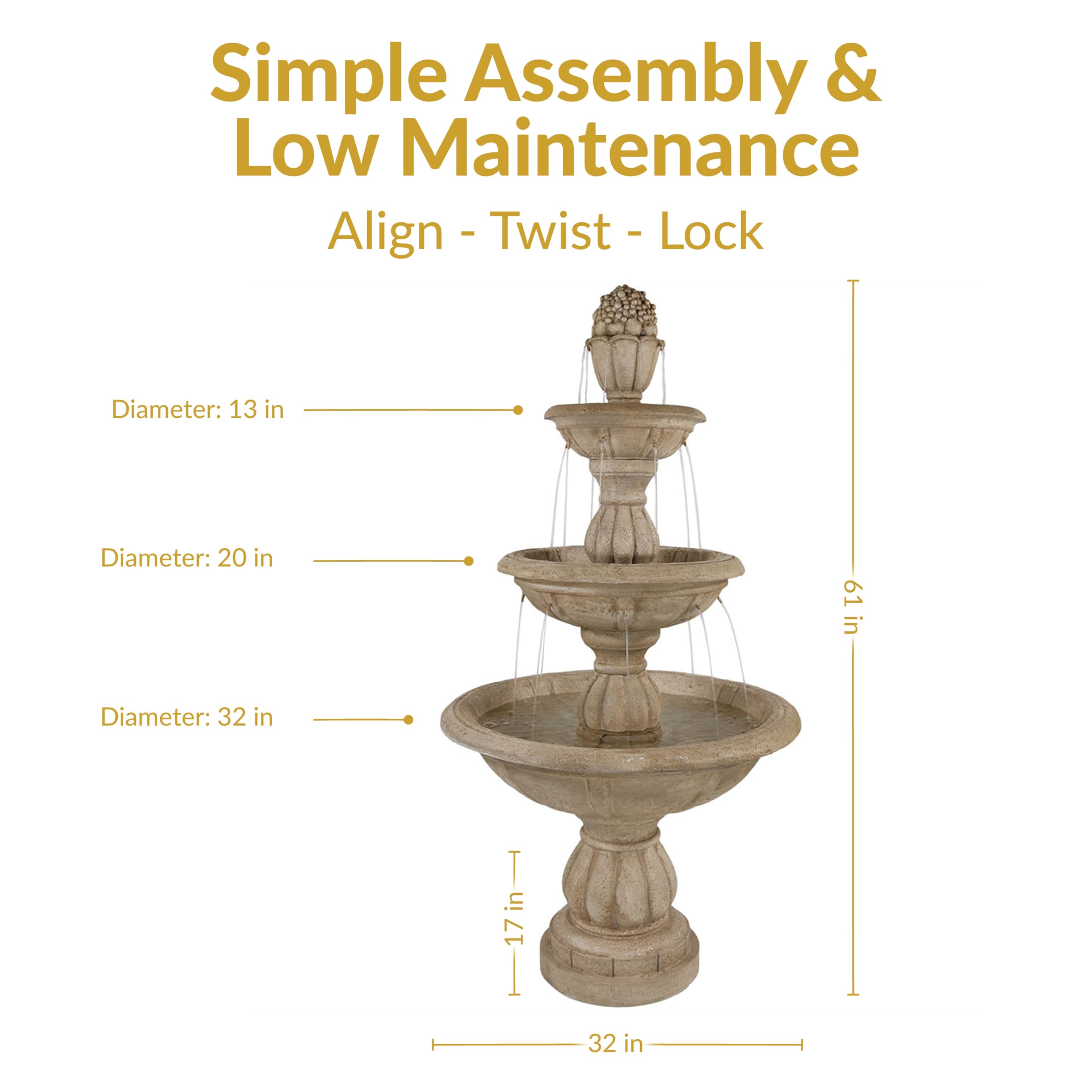 Sunnydaze Cornucopia 61-Inch 3-Tier Electric Water Fountain